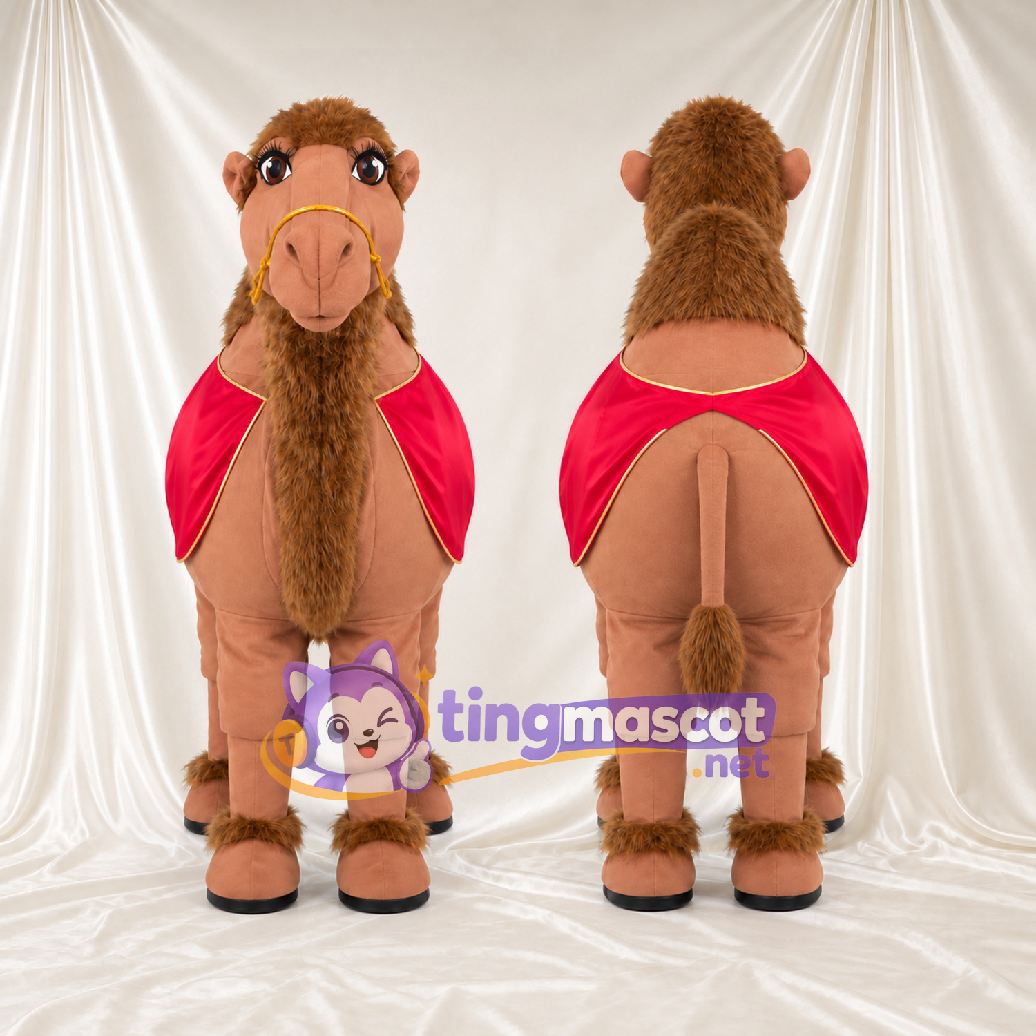 Brown Camel Mascot Costume - Red Cape and Shaggy Beard Brown Camel Mascot Costume - Red Cape and Shaggy Beard