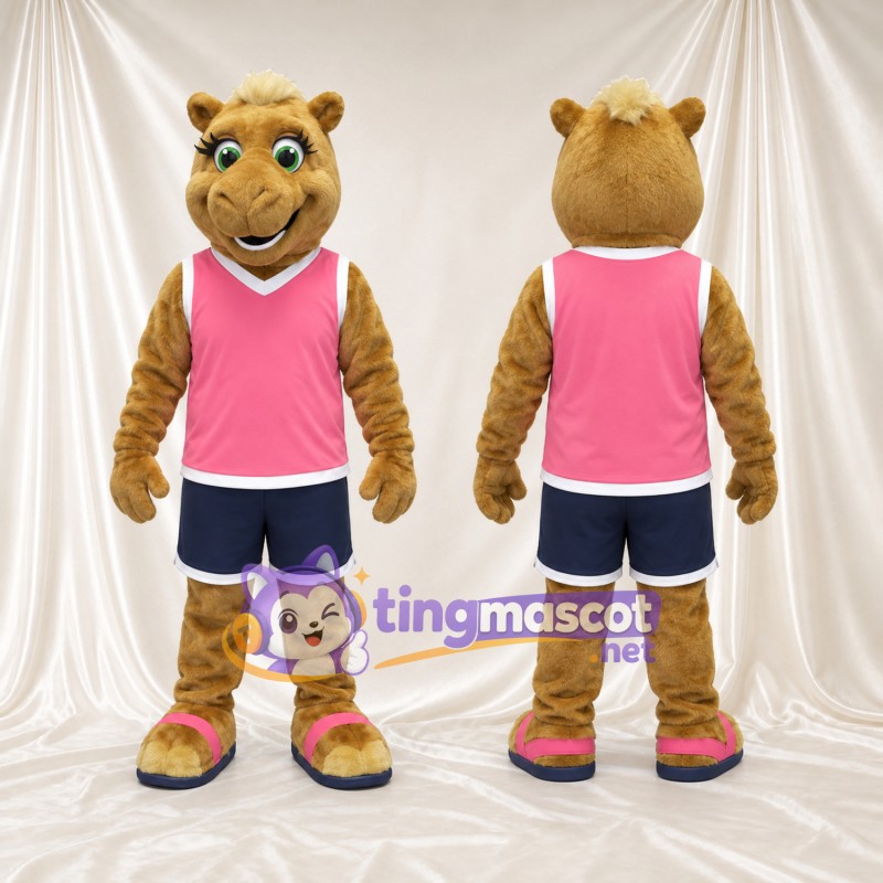 Brown Camel Mascot Costume - Pink Sports Vest and Navy Shorts