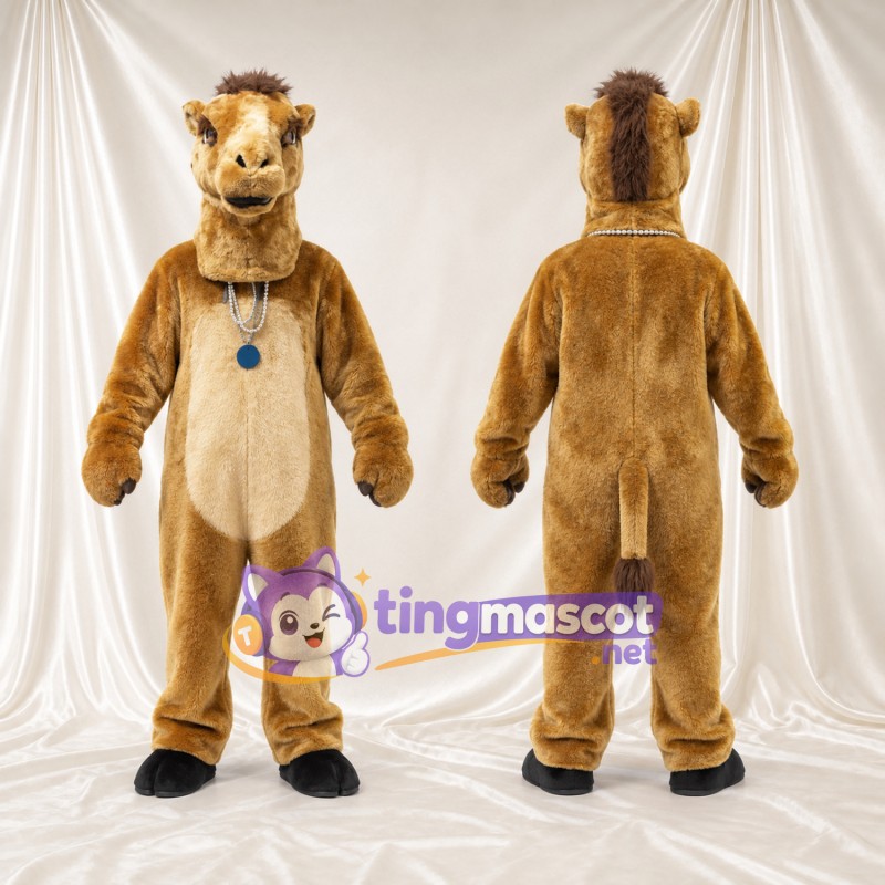Brown Camel Mascot Costume - Cream Belly and Pendant Necklace