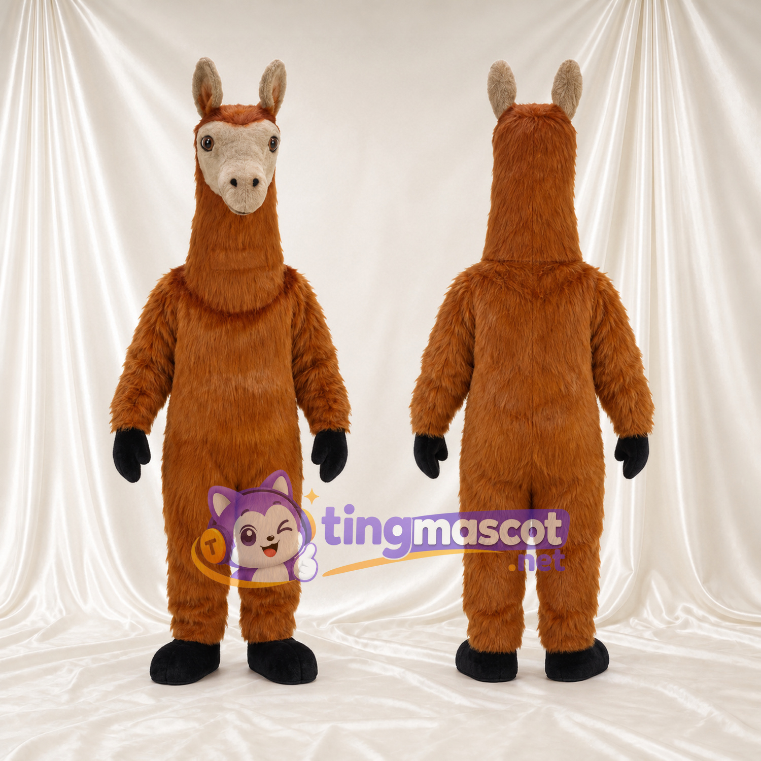 Maskottchenkostüm Lama – braun – Schnauze (weiß); Hufe (schwarz) Maskottchenkostüm Lama – braun – Schnauze (weiß); Hufe (schwarz)