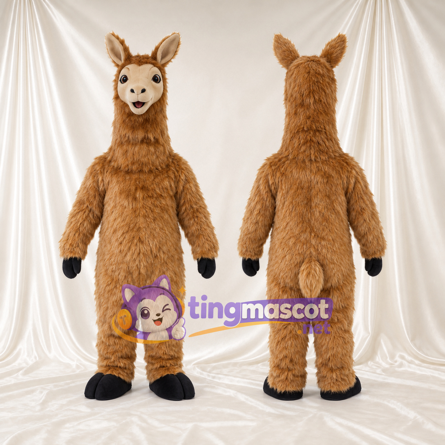 Maskottchenkostüm Lama – braun – Gesicht (weiß); Körper (zottelig) Maskottchenkostüm Lama – braun – Gesicht (weiß); Körper (zottelig)