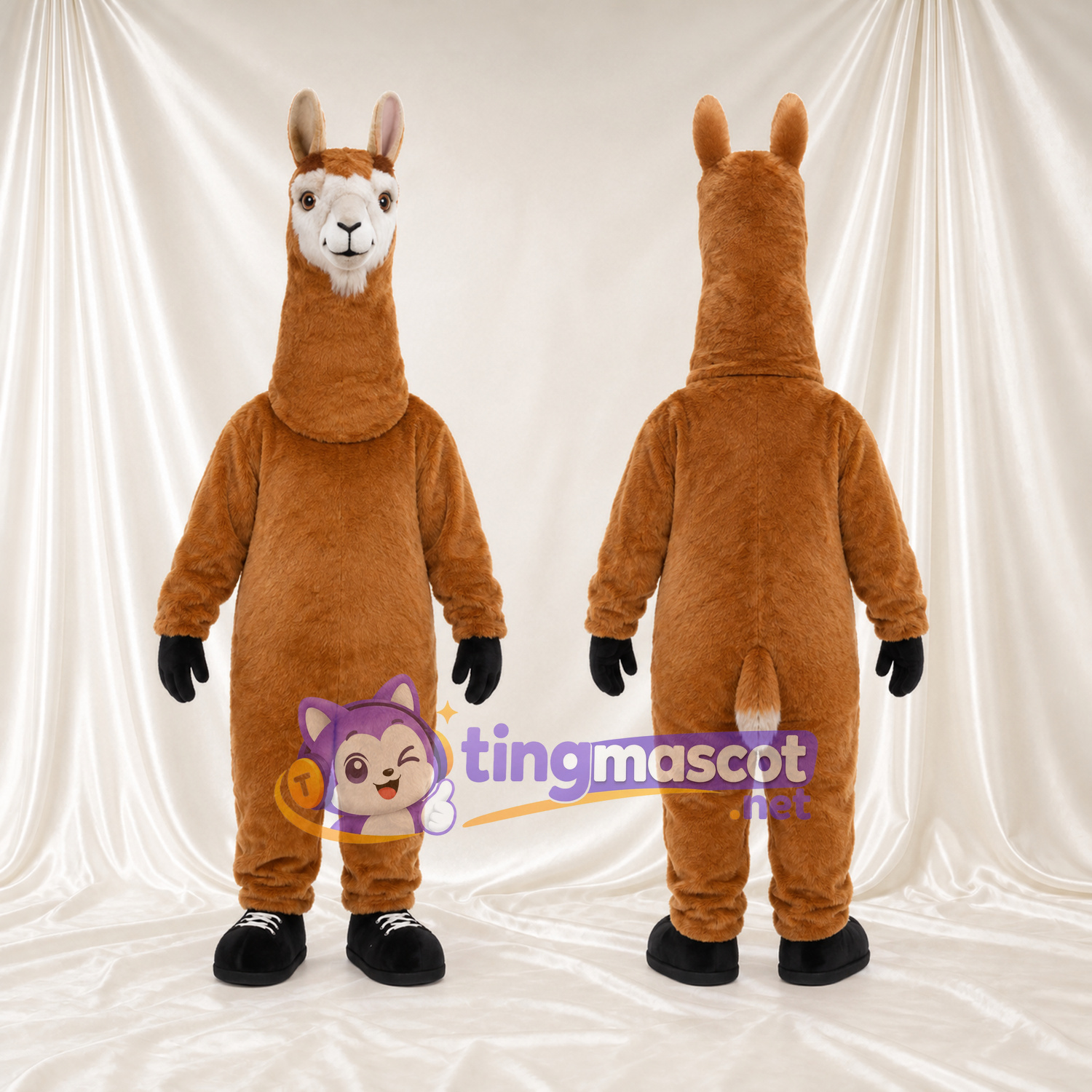 Maskottchenkostüm Lama – braun – Schnauze (weiß); Schuhe (schwarz) Maskottchenkostüm Lama – braun – Schnauze (weiß); Schuhe (schwarz)