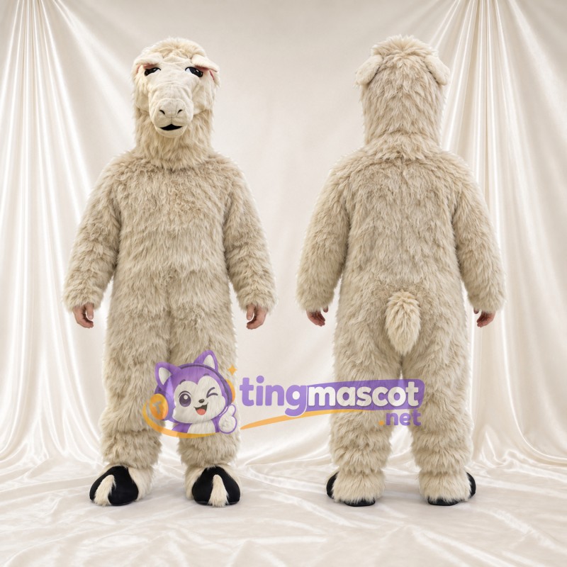 Costume de mascotte Alpaga – crème – Toison (hirsute); Sabots (noir)