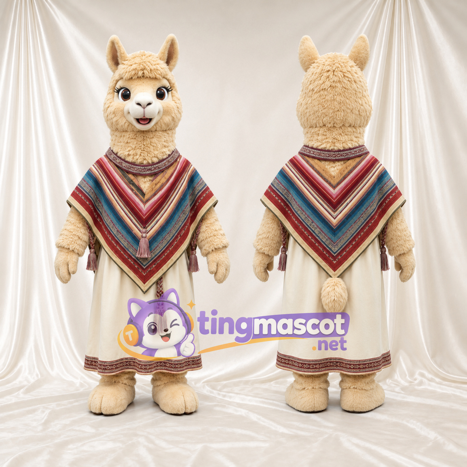 Maskottchenkostüm Lama – creme – Poncho (gestreift); Tunika (lang) Maskottchenkostüm Lama – creme – Poncho (gestreift); Tunika (lang)