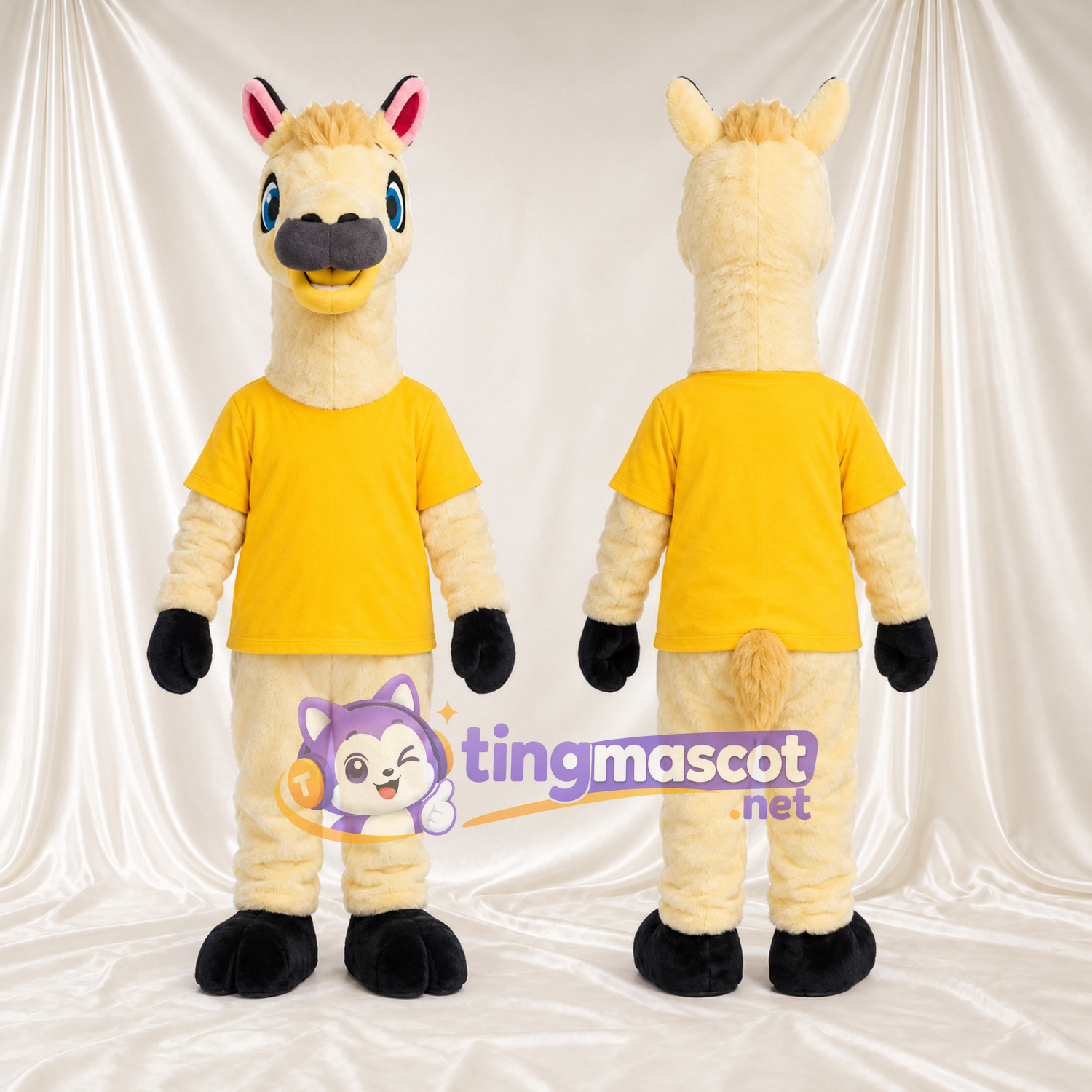 Maskottchenkostüm Lama – creme – T-Shirt (gelb); Schnauze (schwarz) Maskottchenkostüm Lama – creme – T-Shirt (gelb); Schnauze (schwarz)