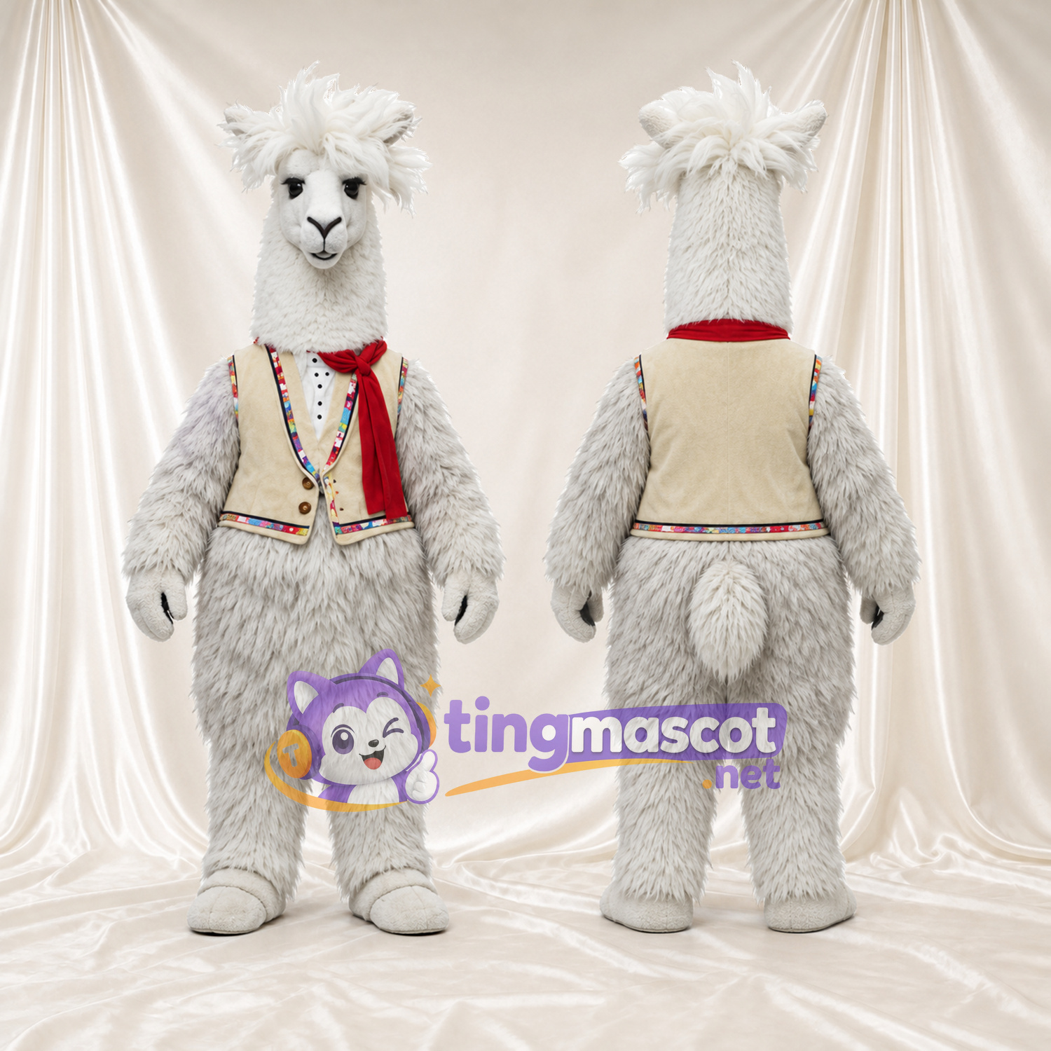 Costume de mascotte Alpaga – gris – Gilet (crème); Écharpe (rouge) Costume de mascotte Alpaga – gris – Gilet (crème); Écharpe (rouge)