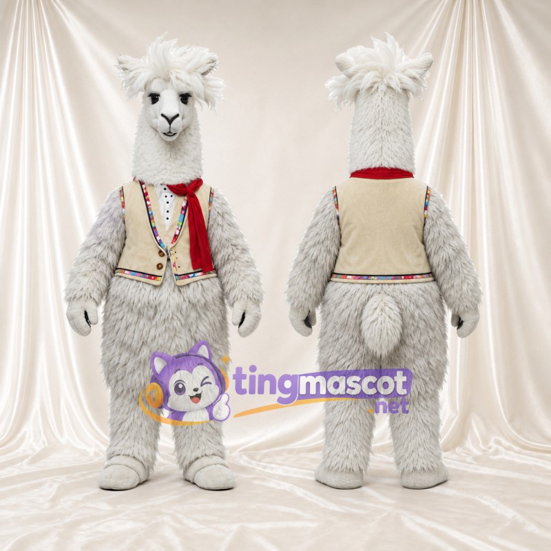 Costume de mascotte Alpaga – gris – Gilet (crème); Écharpe (rouge)
