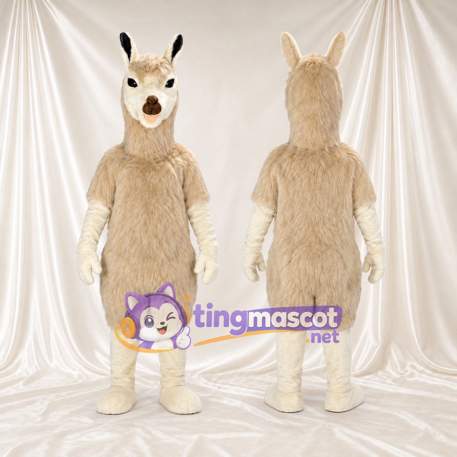 Beige Llama Mascot Costume - White Face and Black Ear Tips Beige Llama Mascot Costume - White Face and Black Ear Tips