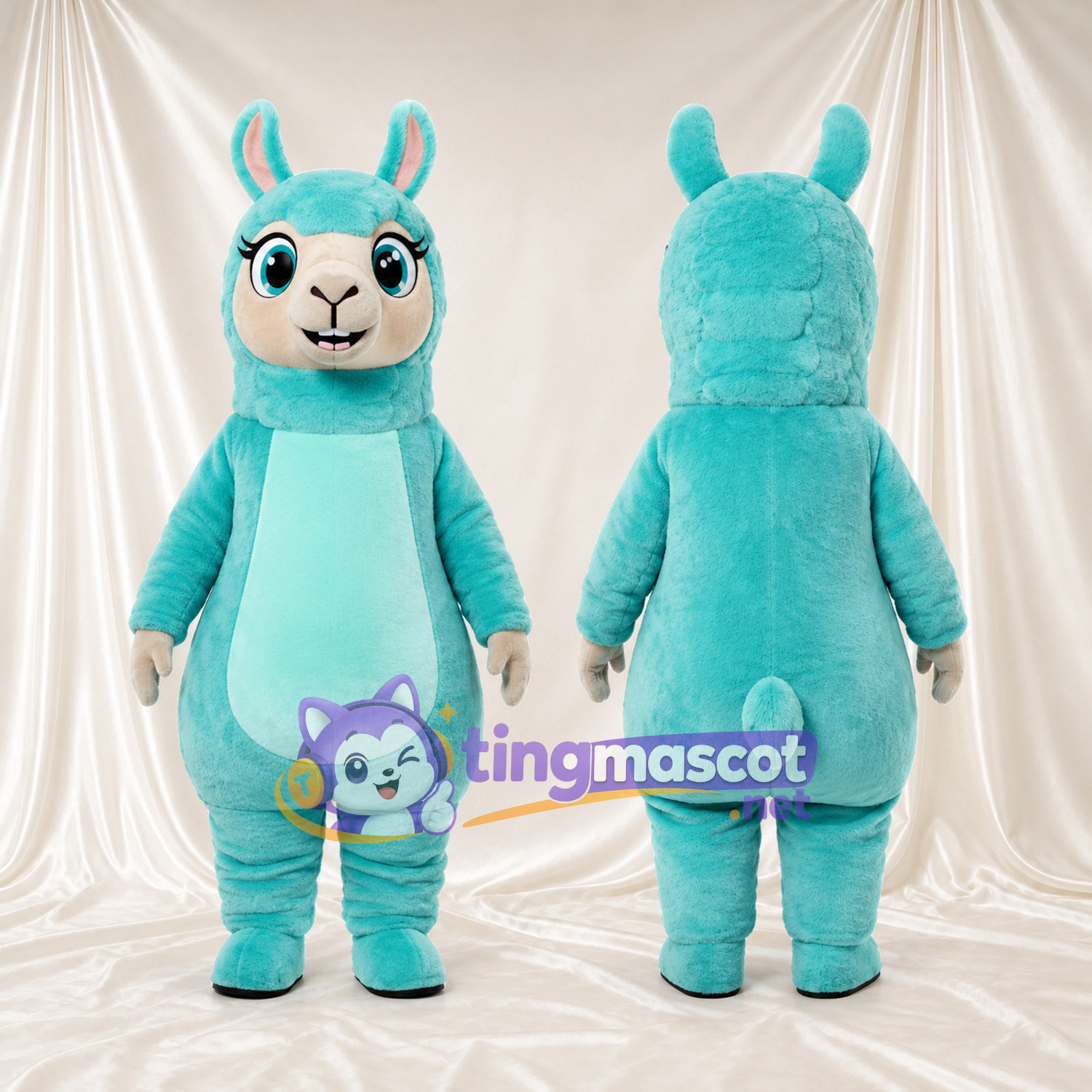Costume de mascotte Lama – turquoise – Ventre; Yeux (grand) Costume de mascotte Lama – turquoise – Ventre; Yeux (grand)