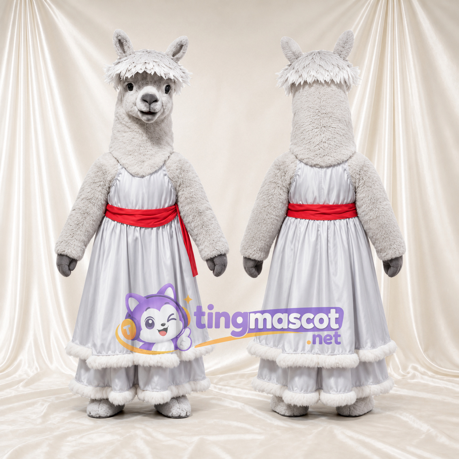 Maskottchenkostüm Alpaka – grau – Kleid (weiß); Schärpe (rot) Maskottchenkostüm Alpaka – grau – Kleid (weiß); Schärpe (rot)