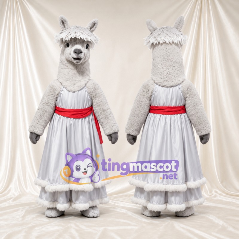 Maskottchenkostüm Alpaka – grau – Kleid (weiß); Schärpe (rot)
