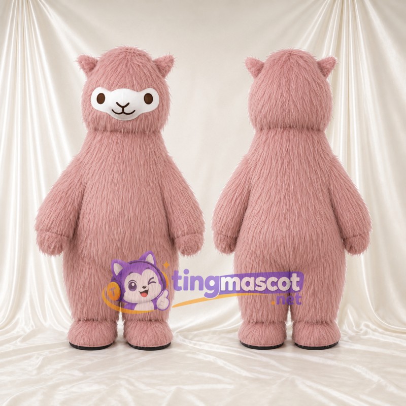 Maskottchenkostüm Alpaka – rosa – Gesicht (weiß); Kleine runde Ohren
