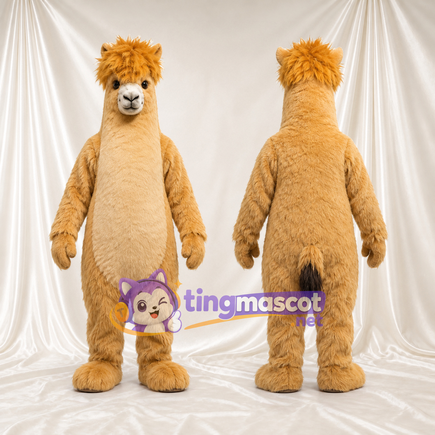 Costume de mascotte Alpaga – brun clair – Touffe de cheveux (hirsute); Ventre (crème) Costume de mascotte Alpaga – brun clair – Touffe de cheveux (hirsute); Ventre (crème)