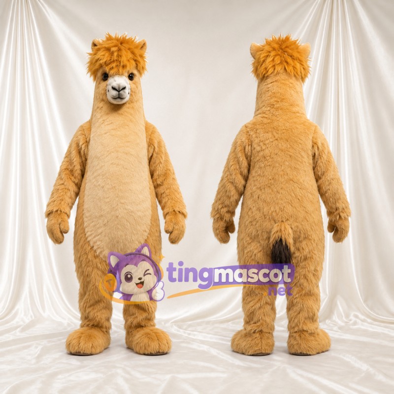 Costume de mascotte Alpaga – brun clair – Touffe de cheveux (hirsute); Ventre (crème)
