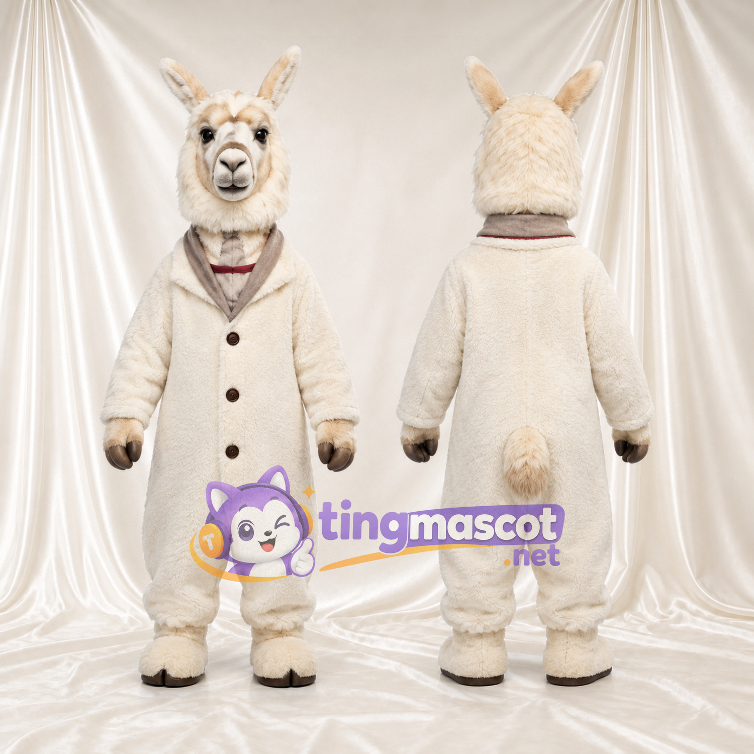 Maskottchenkostüm Lama – creme – Outfit; Kragen (braun) Maskottchenkostüm Lama – creme – Outfit; Kragen (braun)