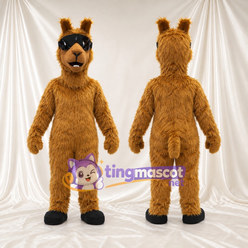 Maskottchenkostüm Lama – braun – Sonnenbrille (schwarz); Zottelfell