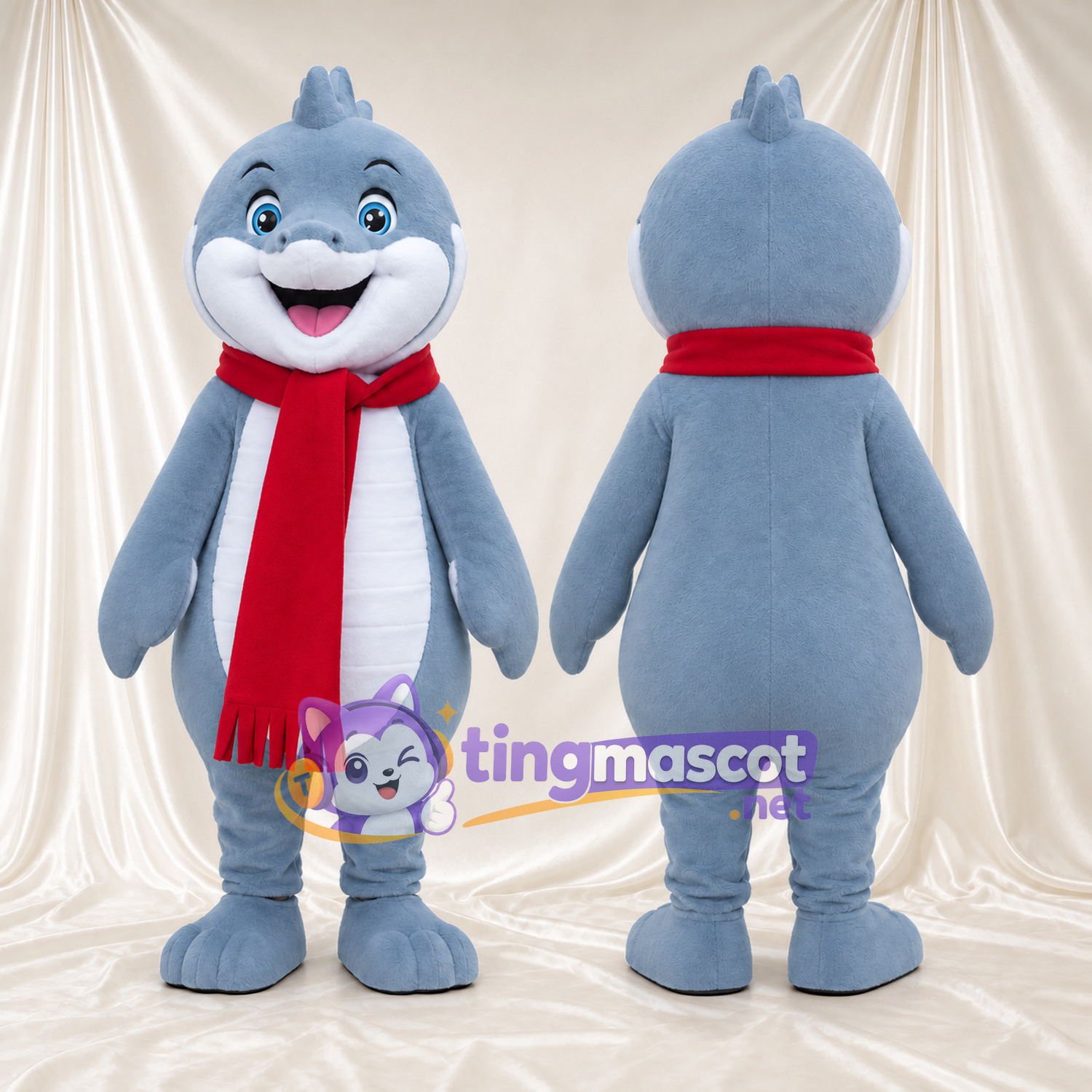 Blue Fantasy Creature Mascot Costume - Red Scarf and White Belly Blue Fantasy Creature Mascot Costume - Red Scarf and White Belly