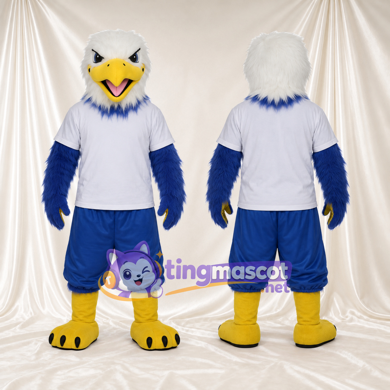 Costume de mascotte Pygargue à tête blanche – bleu – T-shirt (blanc); Pantalon (bleu) Costume de mascotte Pygargue à tête blanche – bleu – T-shirt (blanc); Pantalon (bleu)