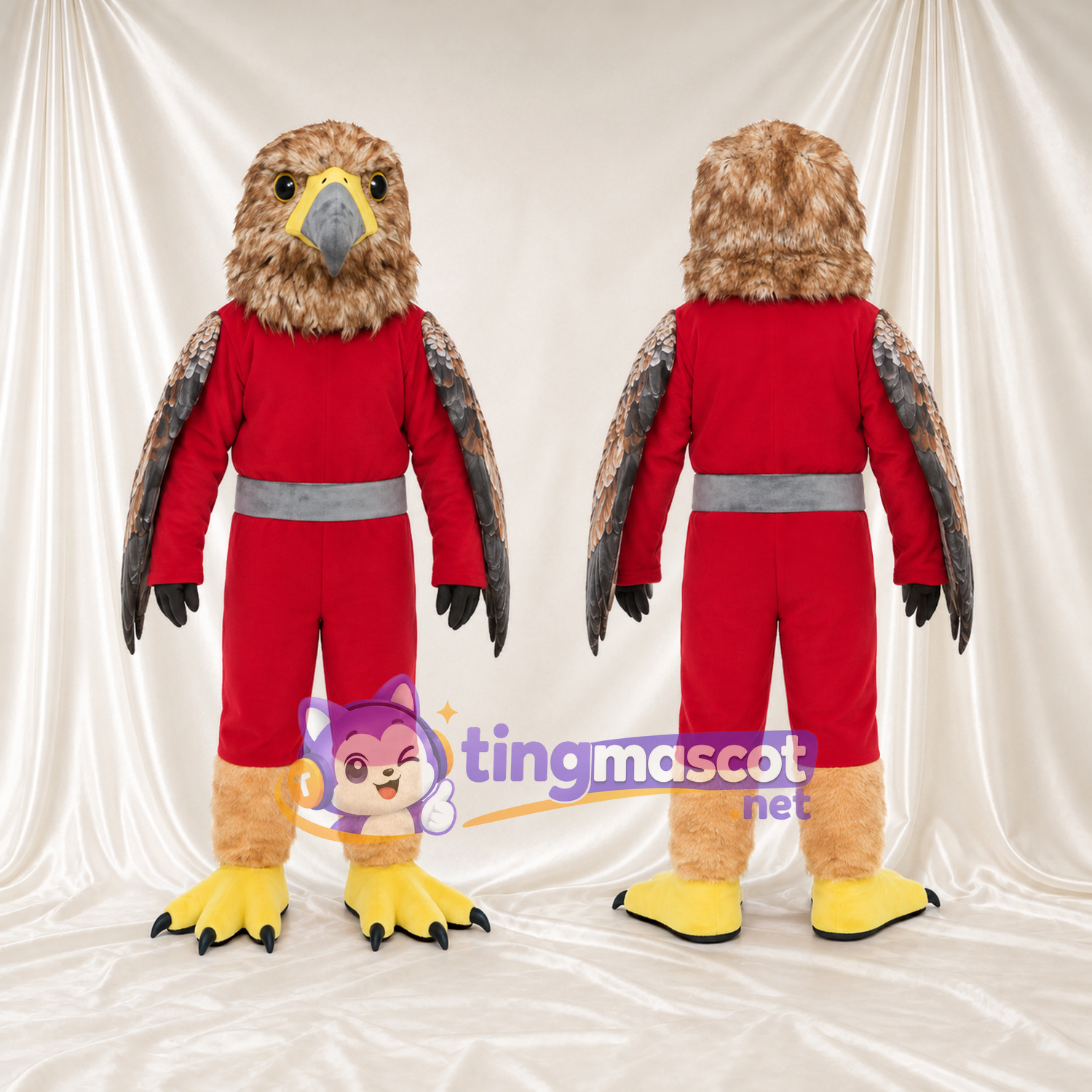 Costume de mascotte Faucon – marron – Tenue (rouge, de sport); Ceinture (gris) Costume de mascotte Faucon – marron – Tenue (rouge, de sport); Ceinture (gris)