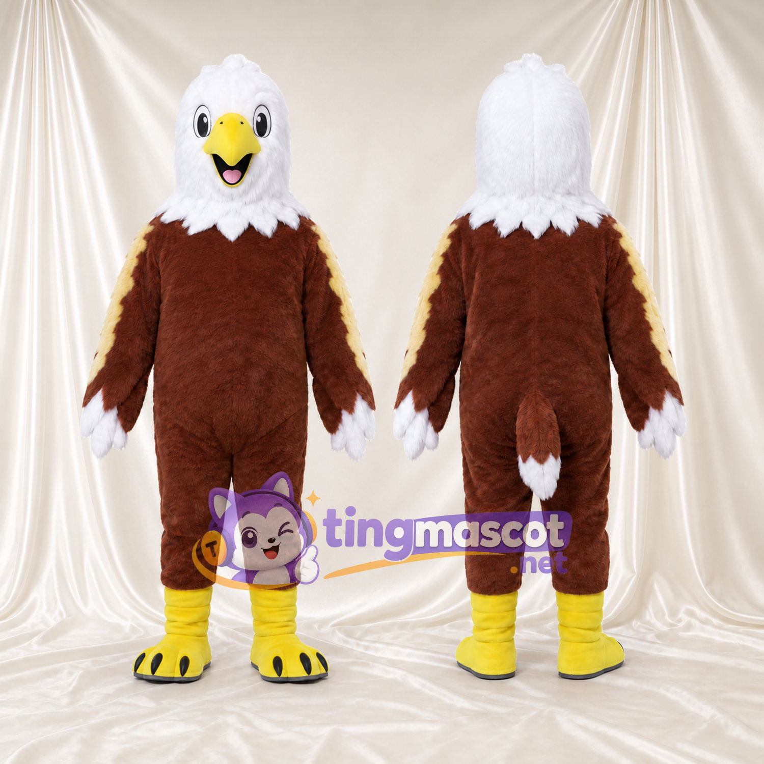Costume de mascotte Pygargue à tête blanche – brun rouille – Bouts des ailes (long, blanc) Costume de mascotte Pygargue à tête blanche – brun rouille – Bouts des ailes (long, blanc)
