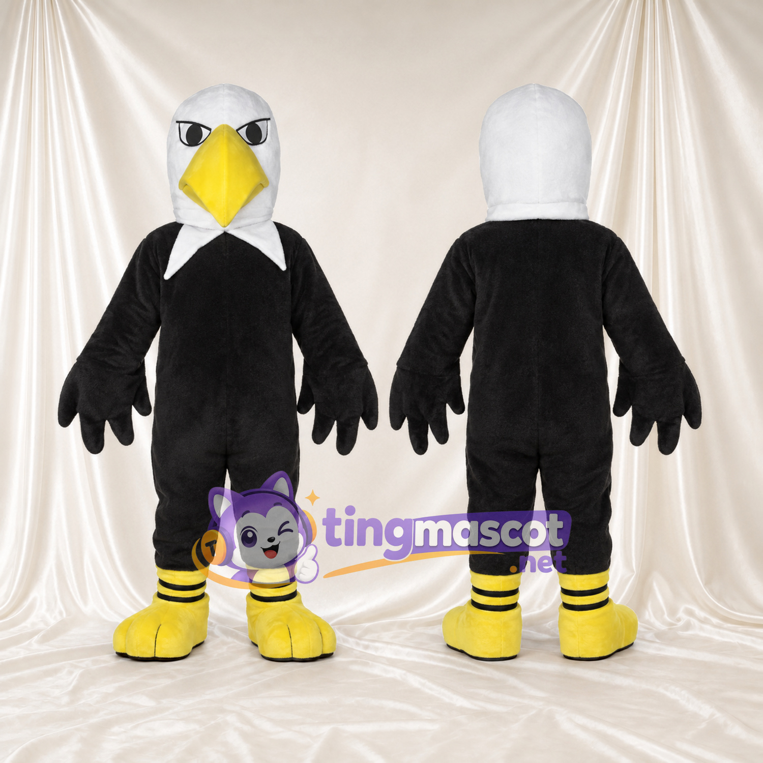Black Bald Eagle Mascot Costume - Angular Yellow Beak and White Neck Black Bald Eagle Mascot Costume - Angular Yellow Beak and White Neck