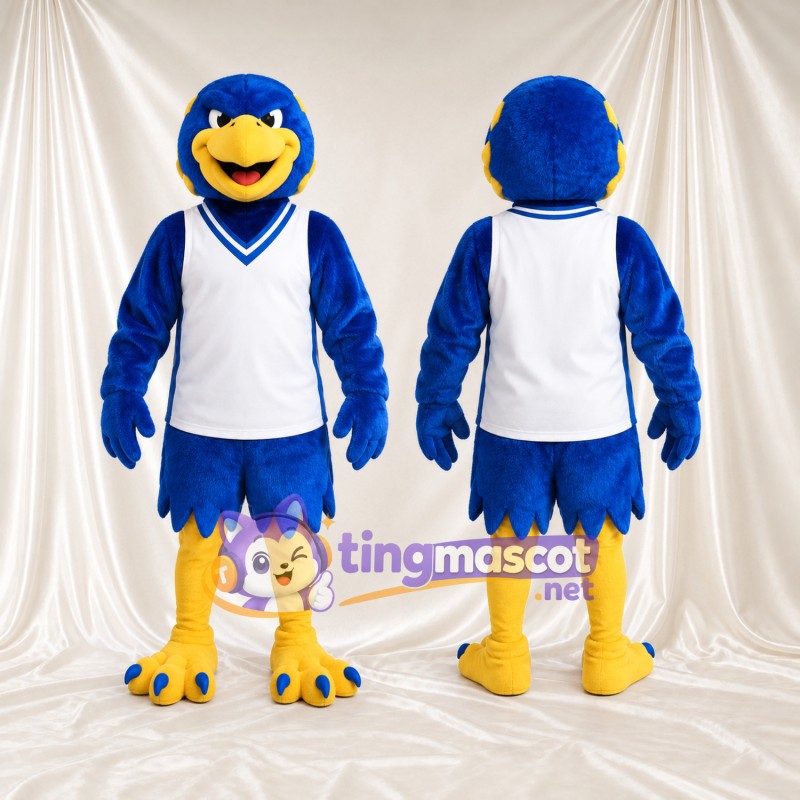 Costume de mascotte Aigle – bleu – Gilet de sport (blanc); Jambes (jaune)