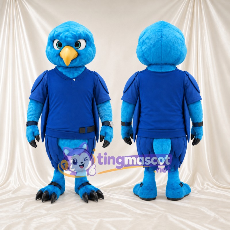 Maskottchenkostüm Adler – blau – Poloshirt (marineblau); Beine (blau, mit Federn)