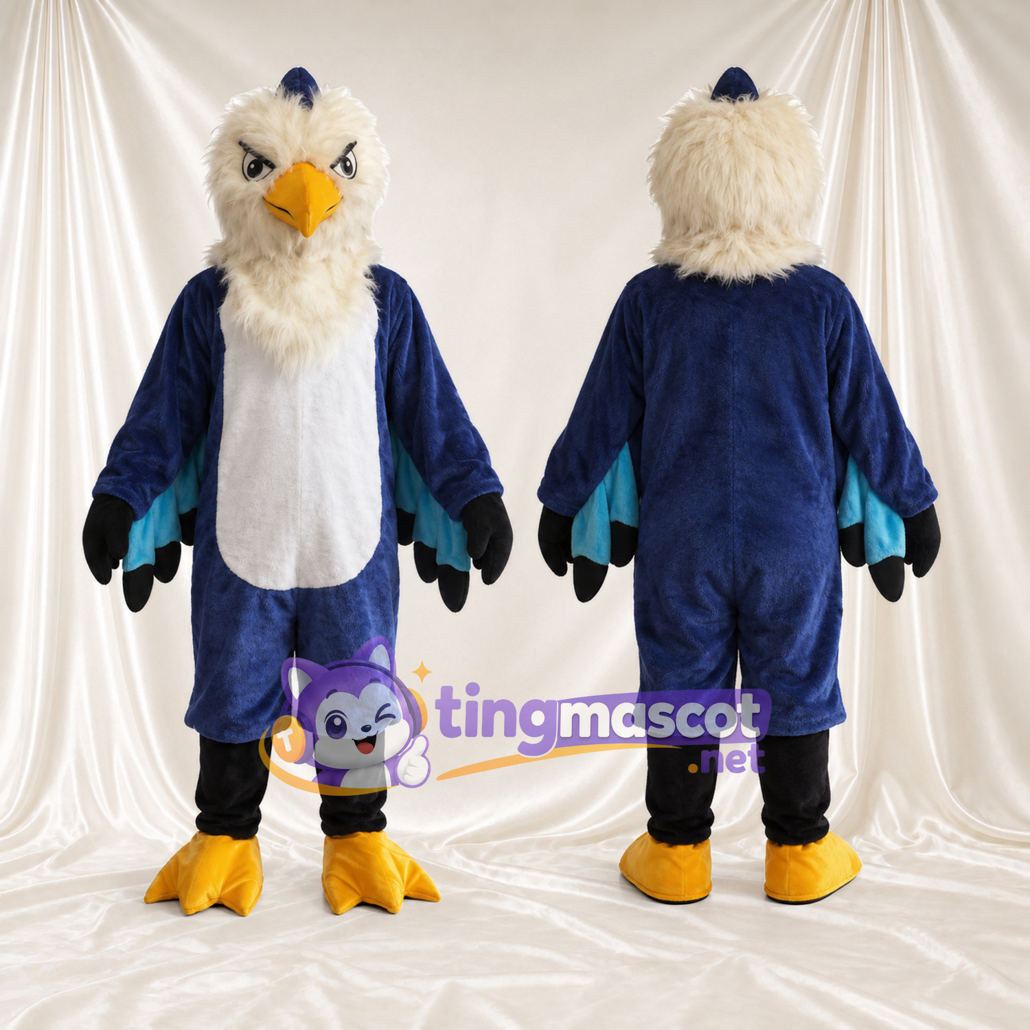 Maskottchenkostüm Weißkopfseeadler – blau – Brust (creme); Unterschenkel (schwarz) Maskottchenkostüm Weißkopfseeadler – blau – Brust (creme); Unterschenkel (schwarz)
