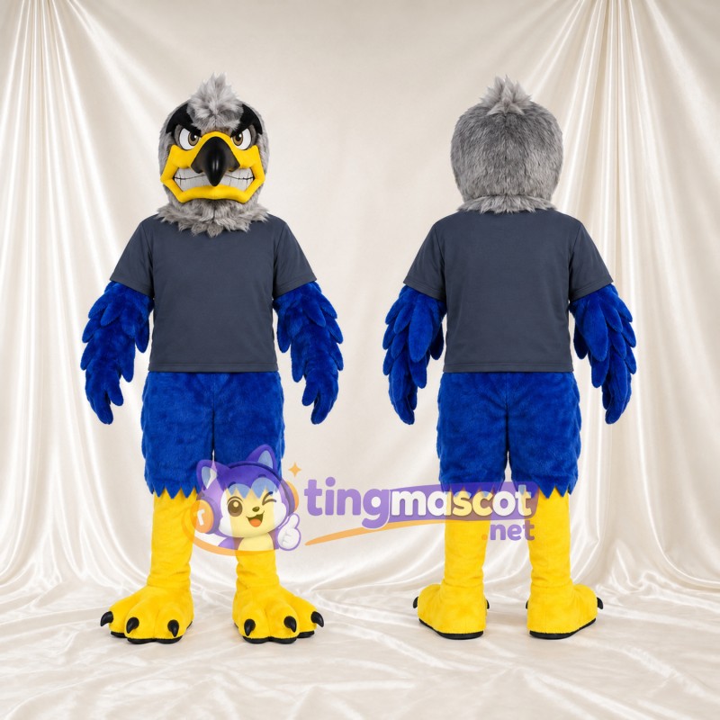 Costume de mascotte Faucon – bleu – T-shirt (gris); Jambes (jaune)