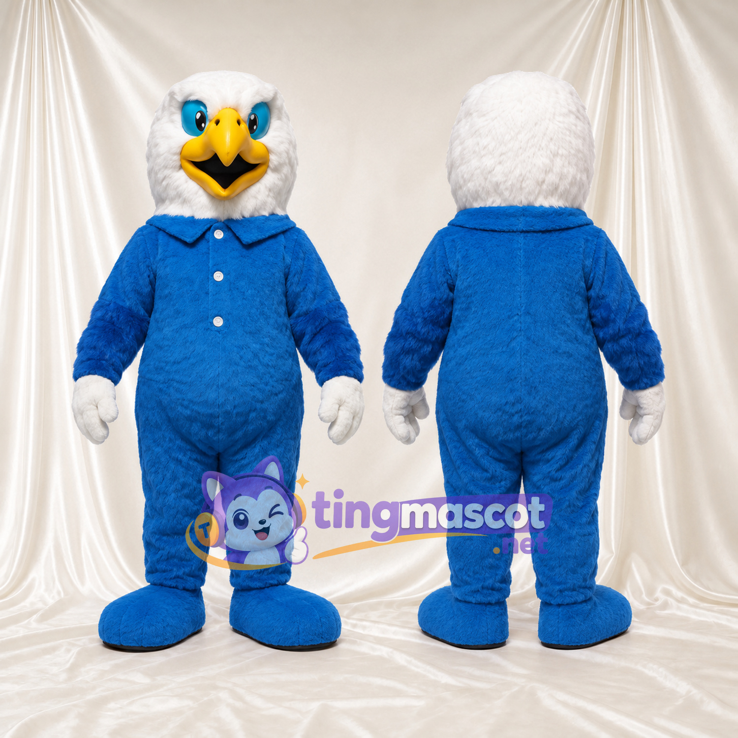 Bald Eagle Mascot Costume - Blue Collared Jumpsuit and White Gloves Bald Eagle Mascot Costume - Blue Collared Jumpsuit and White Gloves