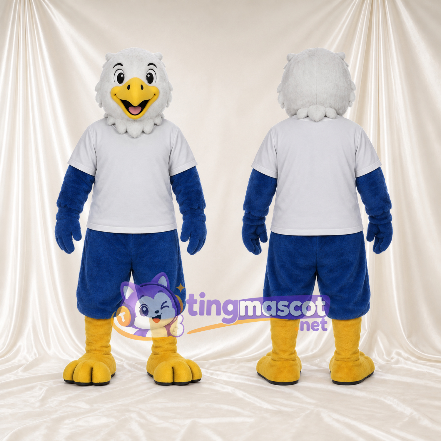Costume de mascotte Pygargue à tête blanche – bleu – T-shirt (blanc); Pantalon (raccourci, bleu) Costume de mascotte Pygargue à tête blanche – bleu – T-shirt (blanc); Pantalon (raccourci, bleu)