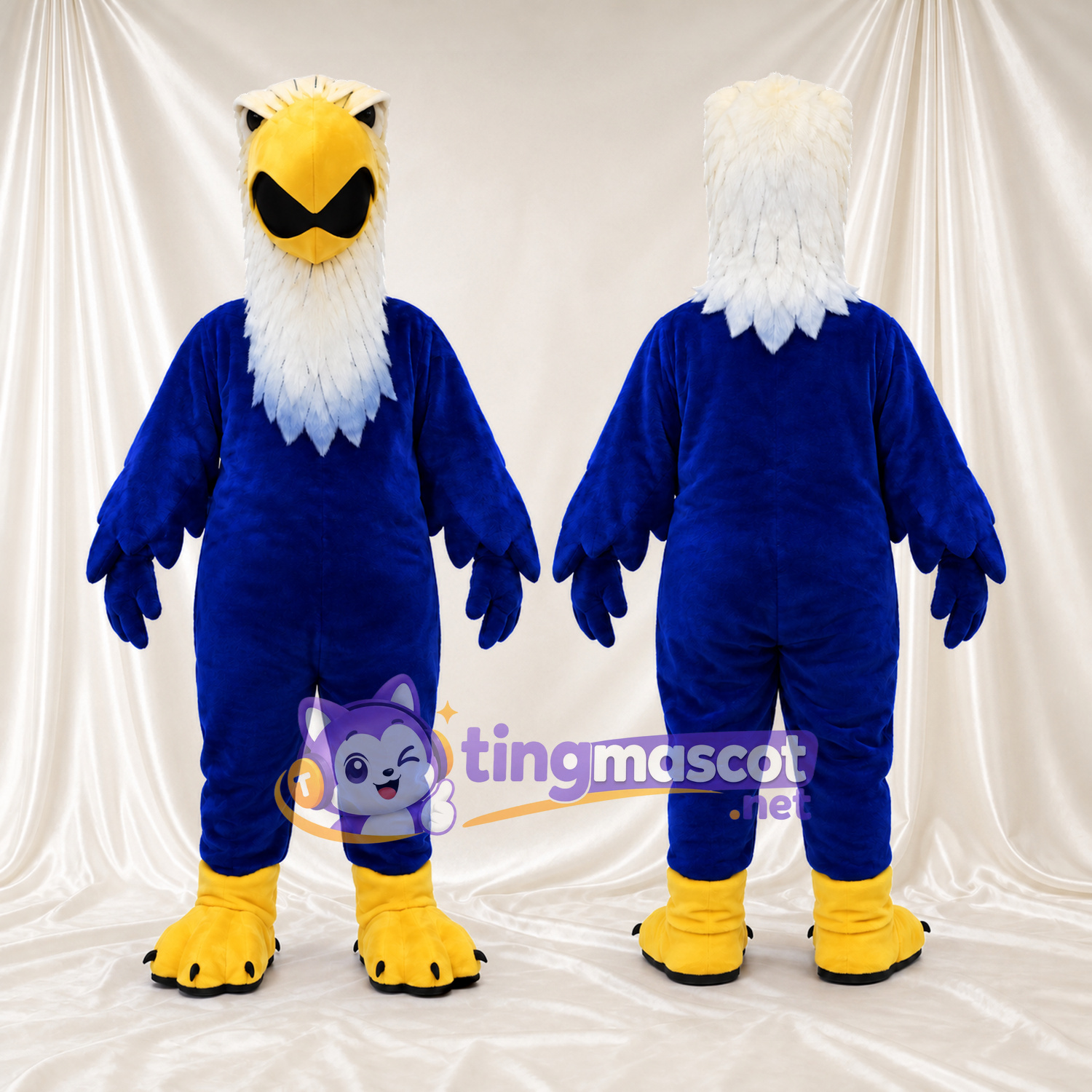Costume de mascotte Pygargue à tête blanche – bleu – Bec (ouvert, jaune); Cou (blanc); Plumes Costume de mascotte Pygargue à tête blanche – bleu – Bec (ouvert, jaune); Cou (blanc); Plumes