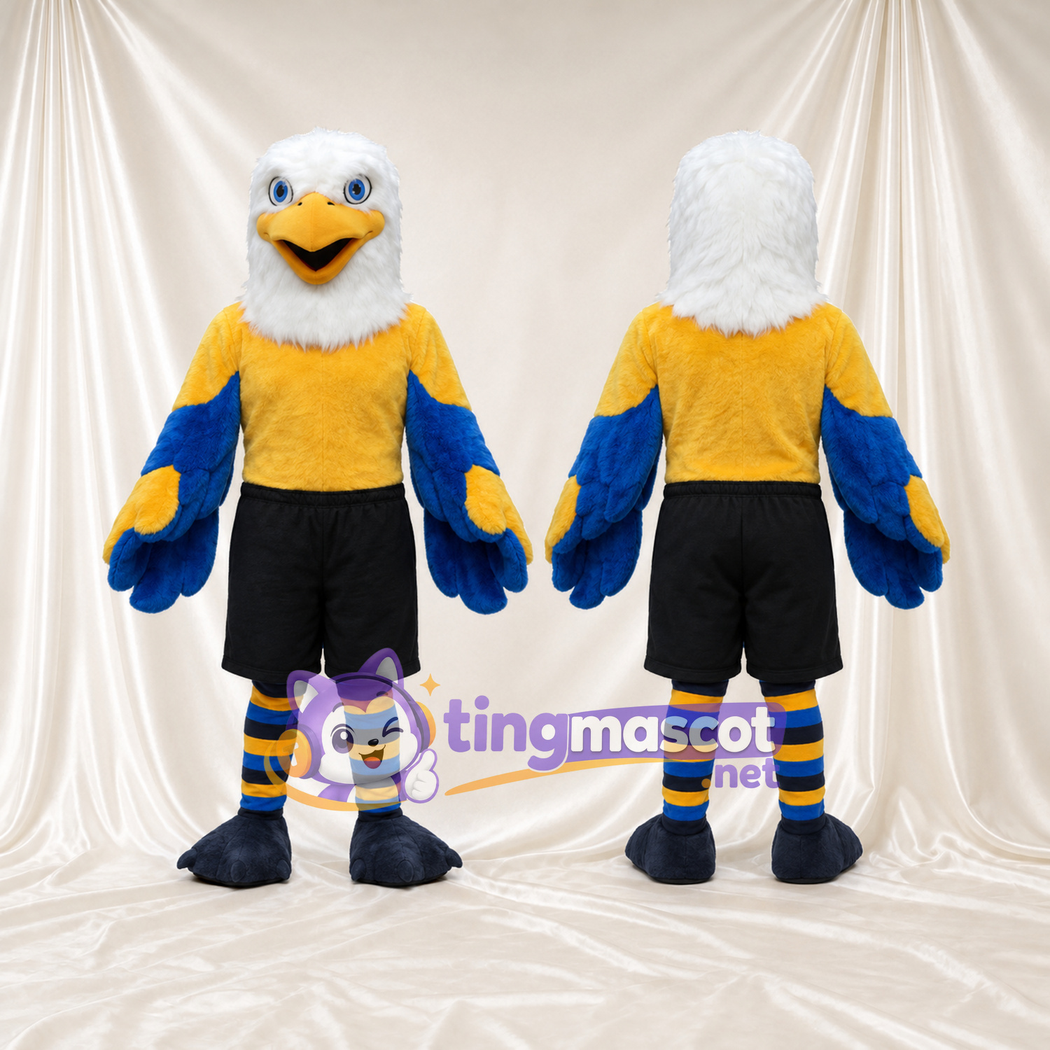 Maskottchenkostüm Weißkopfseeadler – blau – Hemd (gelb); Shorts (schwarz) Maskottchenkostüm Weißkopfseeadler – blau – Hemd (gelb); Shorts (schwarz)