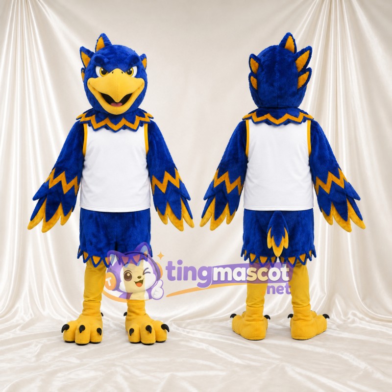Costume de mascotte Aigle – bleu – Gilet (blanc); Bords des ailes (jaune)