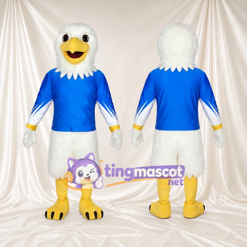 Costume de mascotte Pygargue à tête blanche – blanc – Maillot de sport (bleu); Jambes (jaune)