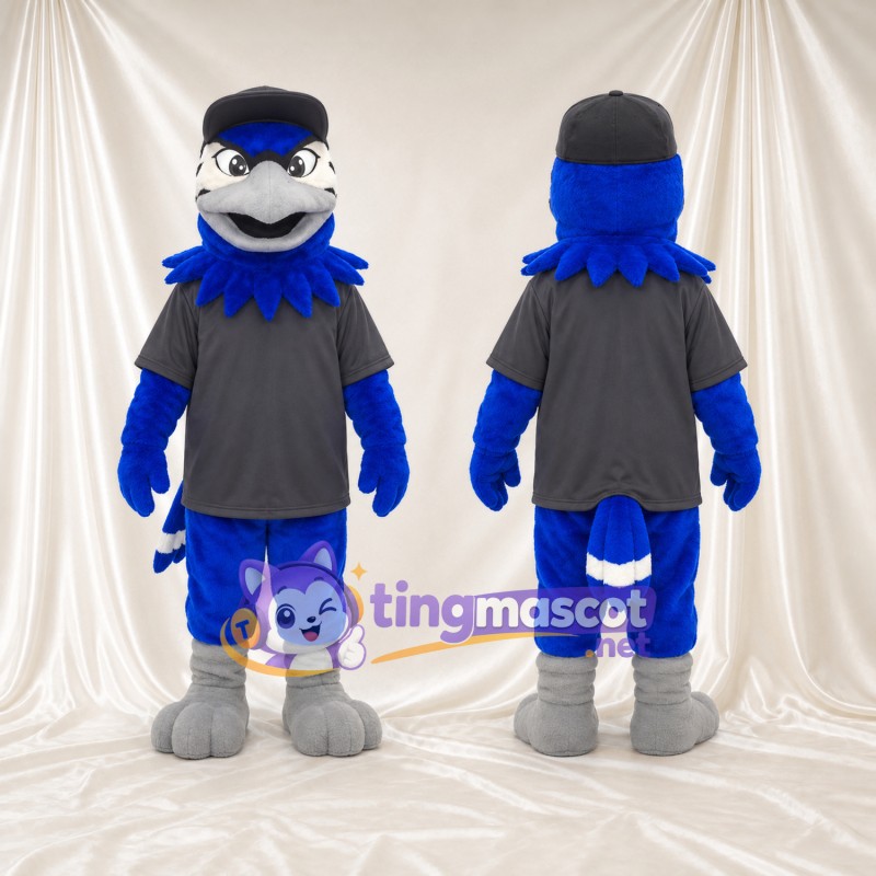 Costume de mascotte Geai bleu – selon la photo – Casquette (noir); T-shirt (gris)