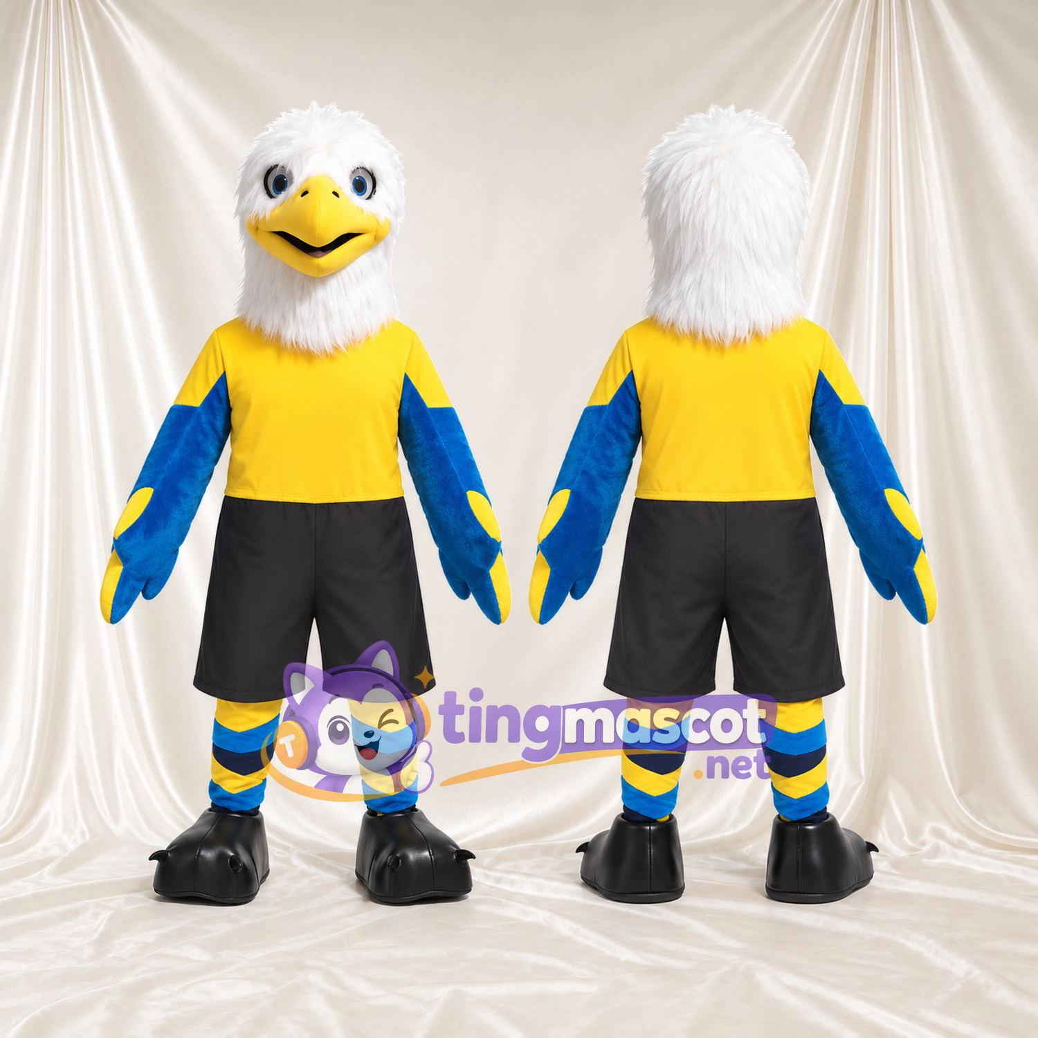 Costume de mascotte Pygargue à tête blanche – bleu – T-shirt (jaune); Chaussettes (rayé) Costume de mascotte Pygargue à tête blanche – bleu – T-shirt (jaune); Chaussettes (rayé)