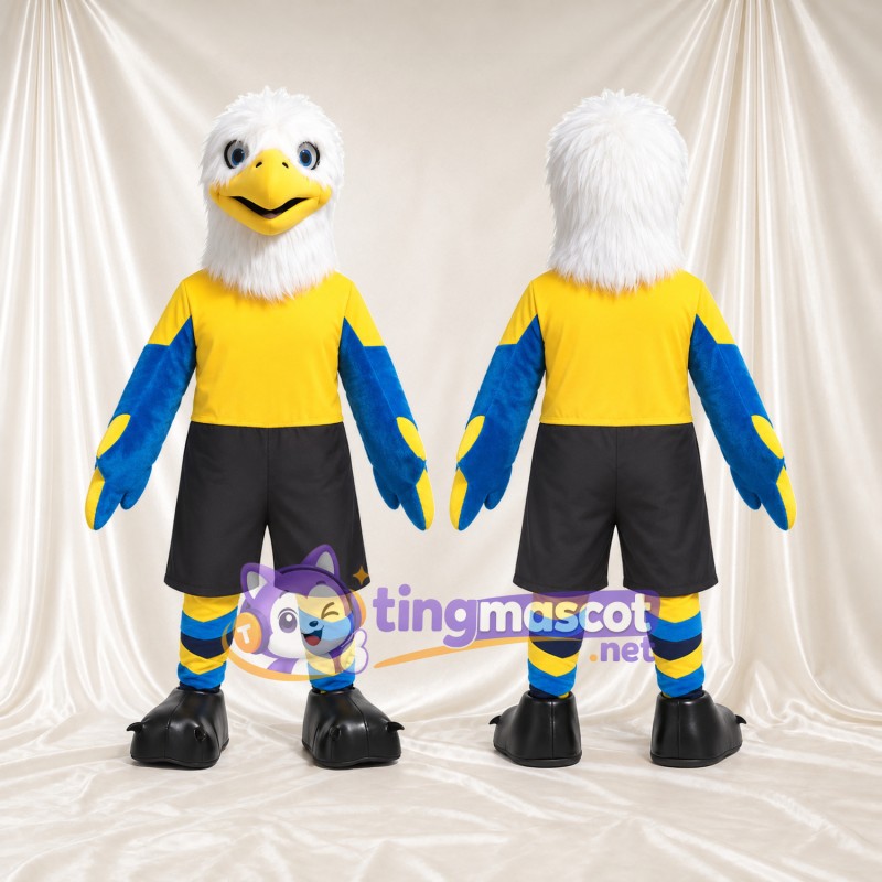 Costume de mascotte Pygargue à tête blanche – bleu – T-shirt (jaune); Chaussettes (rayé)