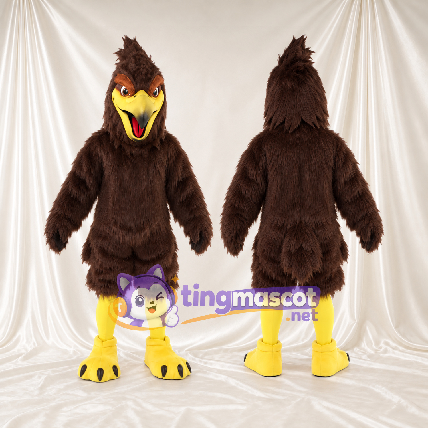 Costume de mascotte Faucon – marron – Huppe (pointu); Bec (ouvert, jaune)