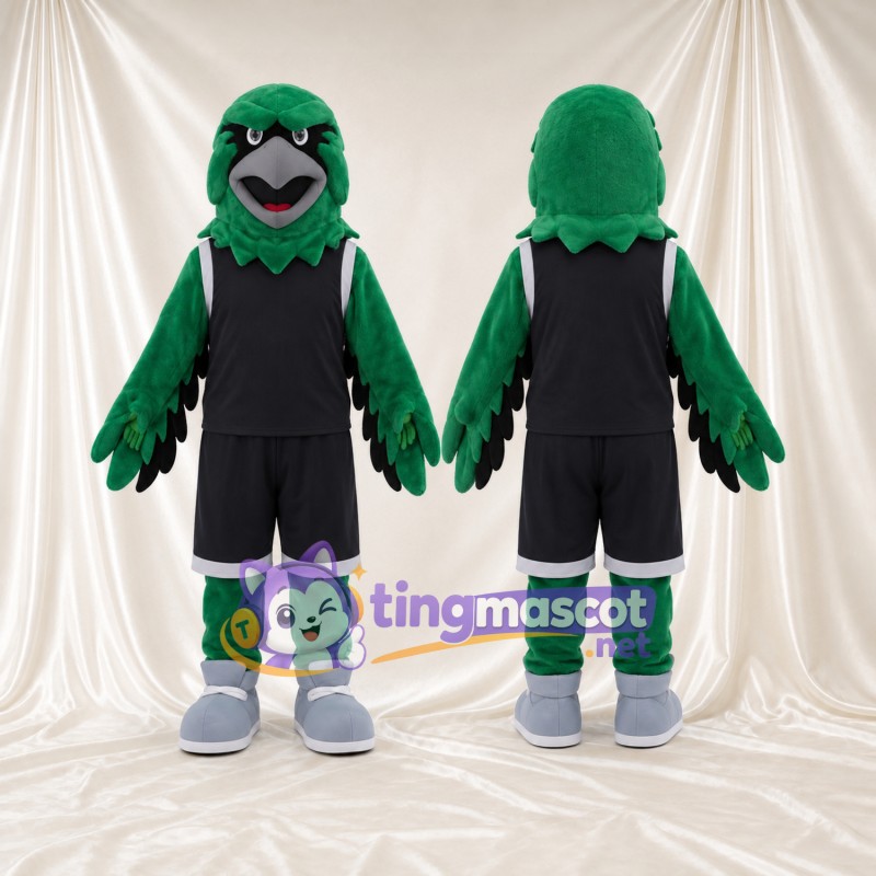 Maskottchenkostüm Rabe – grün – Basketballtrikot (schwarz); Sneaker (grau)