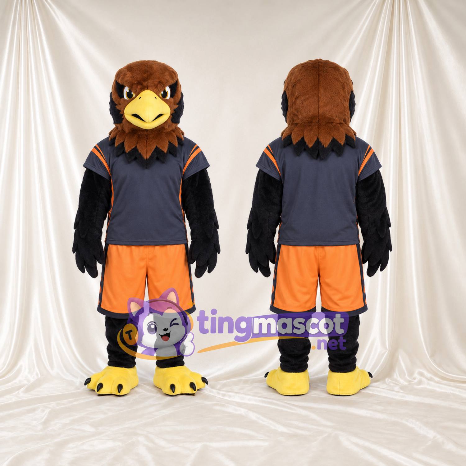 Costume de mascotte Faucon – marron – Maillot de sport (bleu marine); Short (orange) Costume de mascotte Faucon – marron – Maillot de sport (bleu marine); Short (orange)
