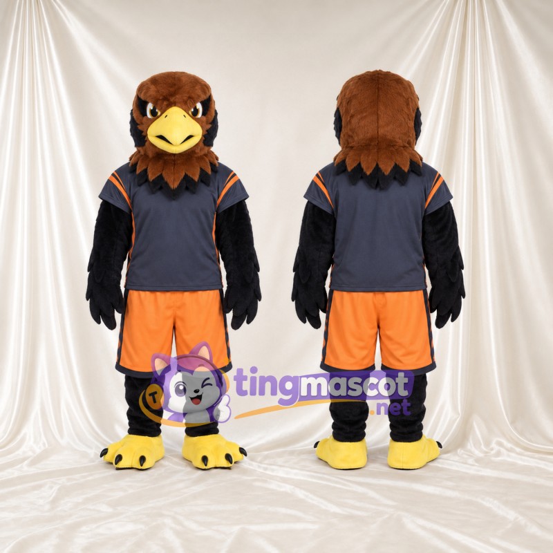 Costume de mascotte Faucon – marron – Maillot de sport (bleu marine); Short (orange)
