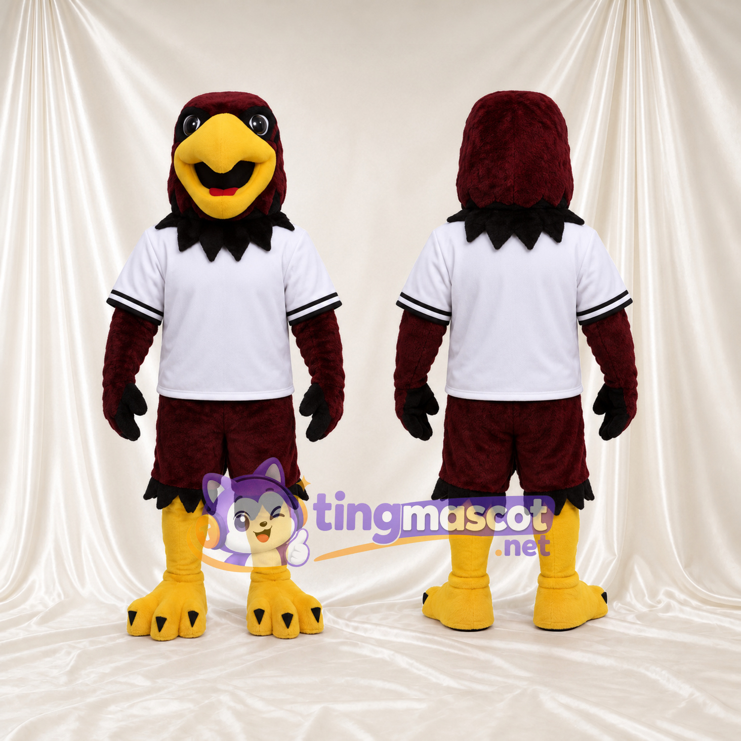 Costume de mascotte Faucon – bordeaux foncé – Maillot de sport (blanc); Casquette (rouge) Costume de mascotte Faucon – bordeaux foncé – Maillot de sport (blanc); Casquette (rouge)