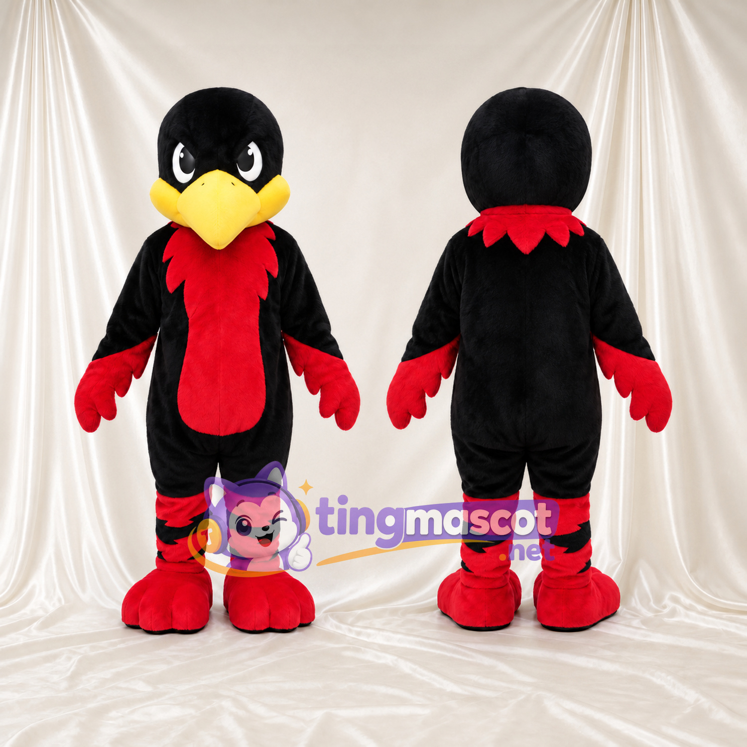 Costume de mascotte Oiseau – noir / rouge – Bec (jaune); Jambes rayées Costume de mascotte Oiseau – noir / rouge – Bec (jaune); Jambes rayées