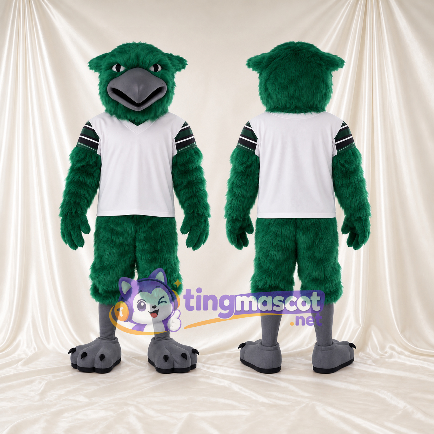 Maskottchenkostüm Rabe – grün – Sportshirt (weiß); Füße (grau) Maskottchenkostüm Rabe – grün – Sportshirt (weiß); Füße (grau)