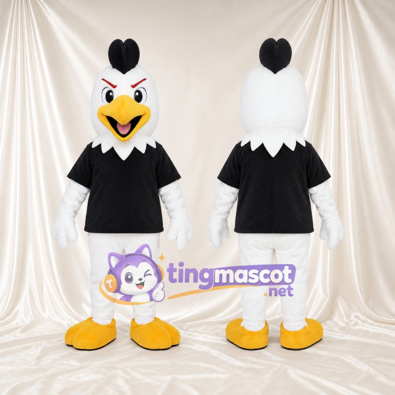 Costume de mascotte Coq – blanc – T-shirt (noir); Crête (noir)