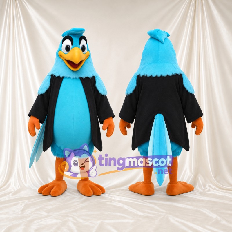 Costume de mascotte Canard – turquoise – Veste (noir); Pieds (orange)