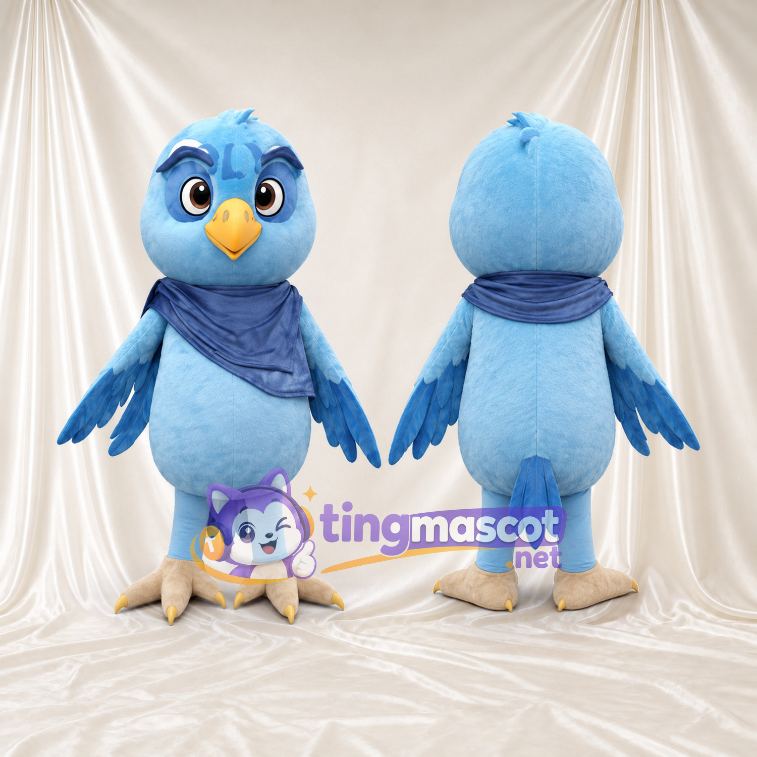 Costume de mascotte Oiseau – bleu clair – Bandana (bleu); Pieds (crème)