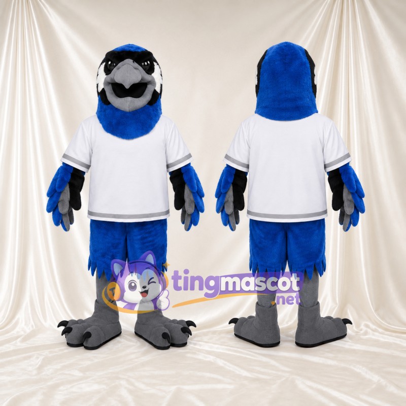 Maskottchenkostüm Rabe – blau – Sportshirt (weiß); Füße (grau)