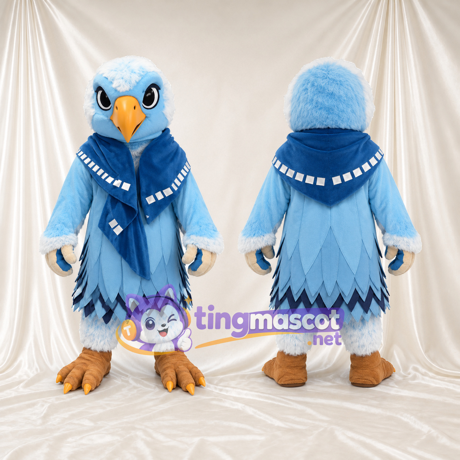 Costume de mascotte Aigle – bleu clair – Écharpe (bleu, à motifs); Serres (orange) Costume de mascotte Aigle – bleu clair – Écharpe (bleu, à motifs); Serres (orange)